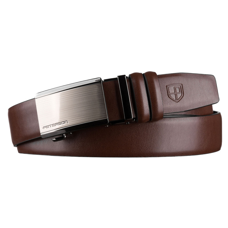 Brązowy pasek męski z automatyczną klamrą wykonany ze skóry naturalnej - Peterson