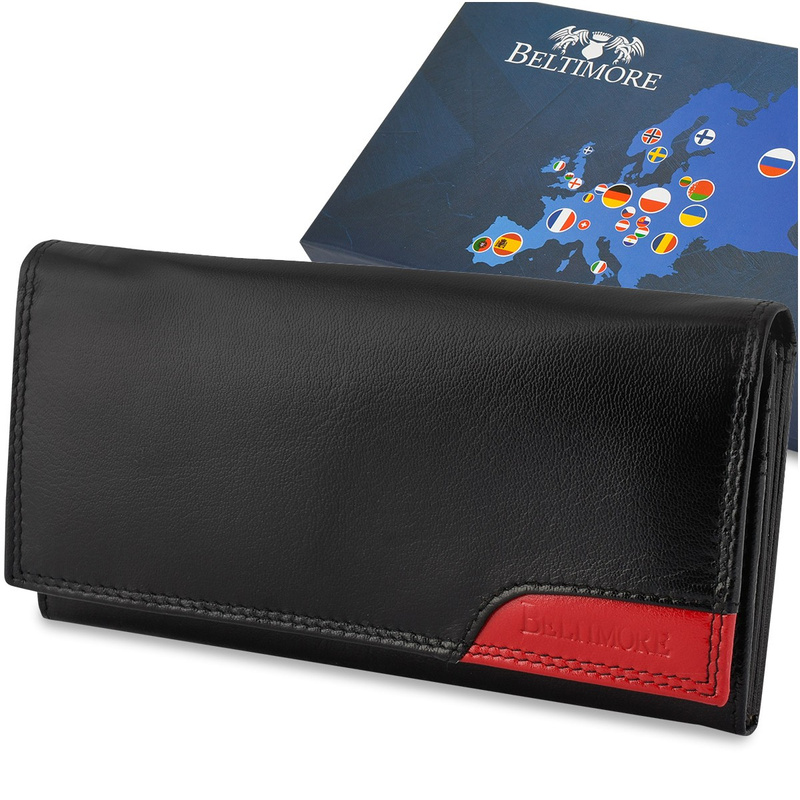 Damski skórzany portfel duży poziomy retro RFiD czarny BELTIMORE 040