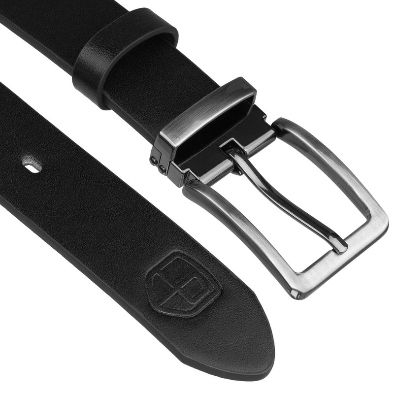 Elegancki pasek męski ze skóry ekologicznej w czarnym kolorze z tradycyjną klamrą - Peterson
