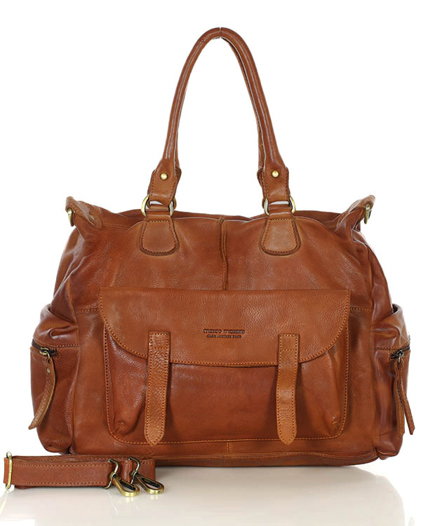 Pojemna torba damska na ramię z kieszeniami skóra naturalna - MARCO MAZZINI brąz camel