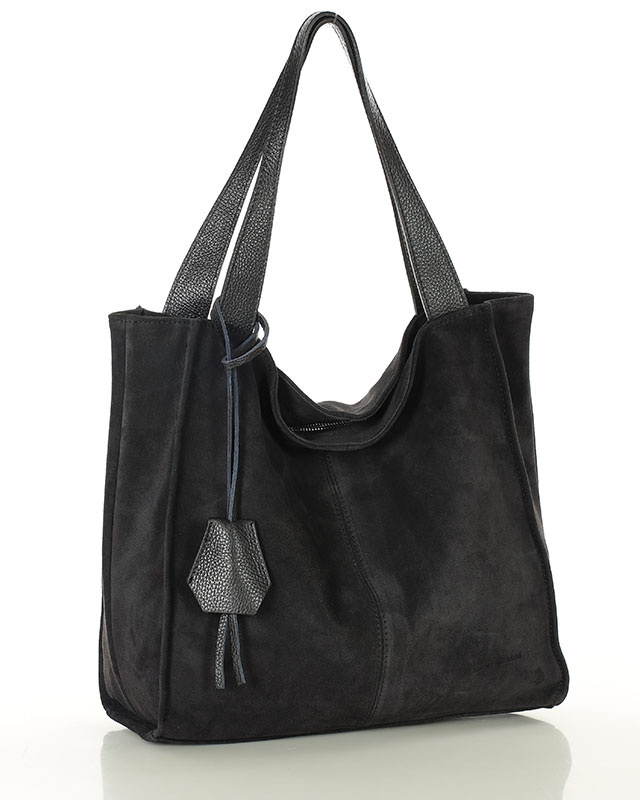Czarna torba zamszowa ze skóry typu shopper - MARCO MAZZINI