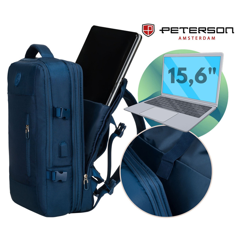 Plecak podróżny wykonany z cordury w granatowym kolorze, wyposażony w port USB - Peterson