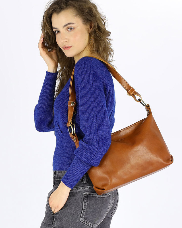 Luksusowa torebka skórzana na długim pasku z regulacją - MARCO MAZZINI camelowa