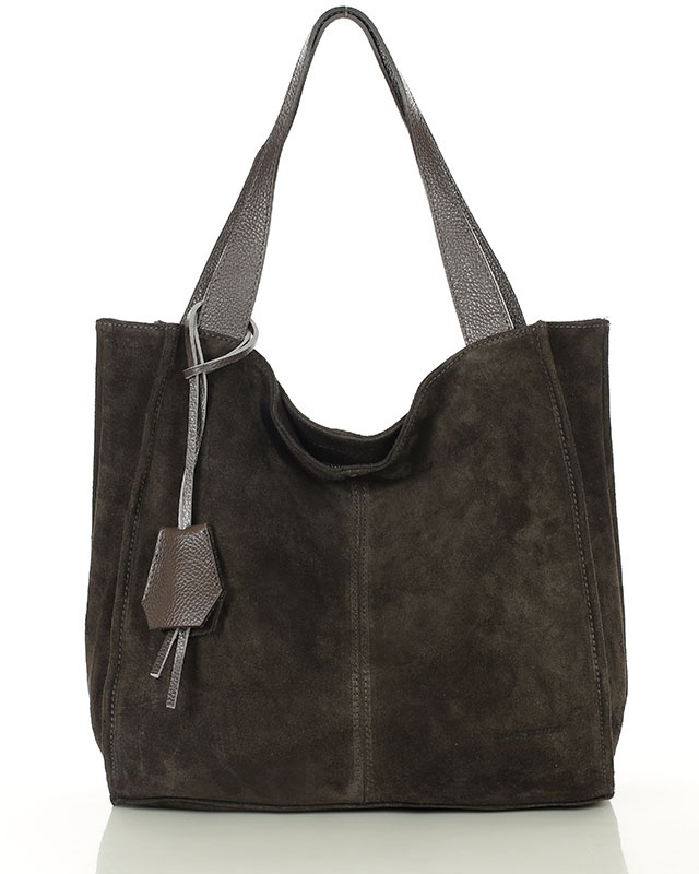 Ciemnobrązowa torba zamszowa ze skóry typu shopper - MARCO MAZZINI