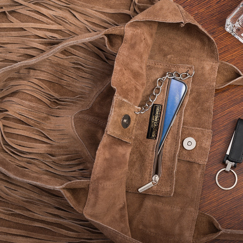 Torebka damska skórzana zamszowa A4 frędzel duża taupe L83