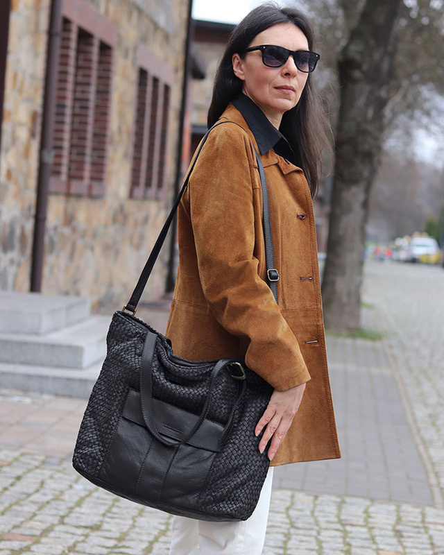 Duża torebka pleciona na ramię shopperka skórzana - MARCO MAZZINI czarna