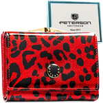 Czerwony portfel damski ze skóry ekologicznej i naturalnej w cętki, zamykany biglem i zatrzaskiem - Peterson