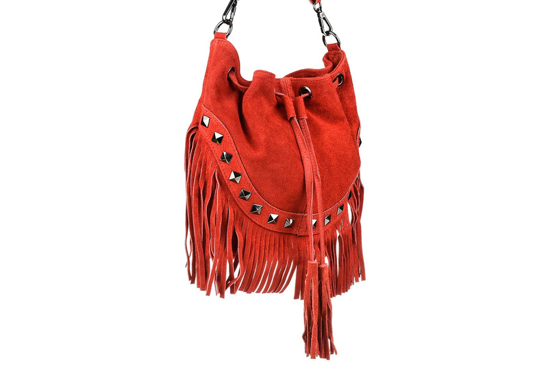 Damska Torebka Worek Skóra Zamsz Frędzle Włoska czerwona X39