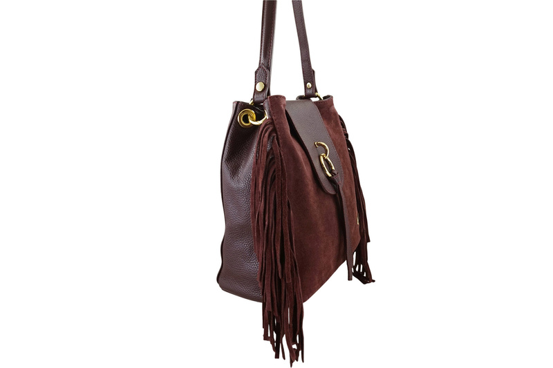 Skórzana torebka boho z frędzlami - Bordowa