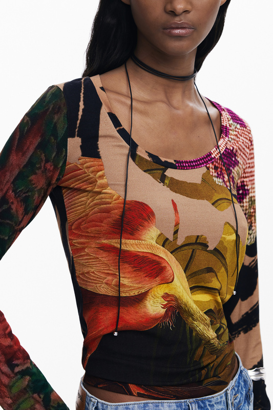 DAMSKI T-SHIRT Z DŁUGIM RĘKAWEM DESIGUAL, BRĄZOWY