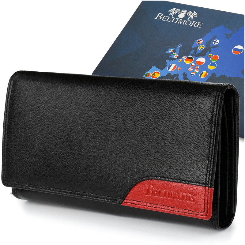 Damski skórzany portfel duży poziomy na suwak RFiD czarny BELTIMORE 042
