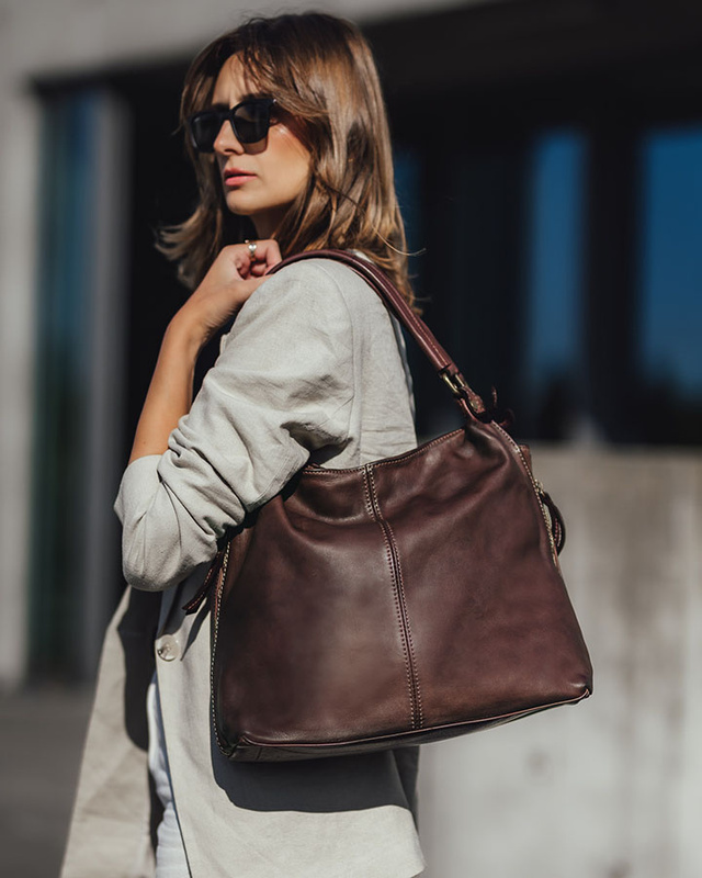 Torba skórzana wysokogatunkowa na ramię styl miejski shoulder leather bag - MARCO MAZZINI czekoladowy brąz