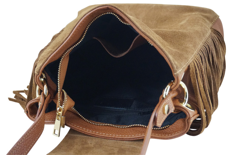 Skórzana torebka boho z frędzlami - Brązowa jasna