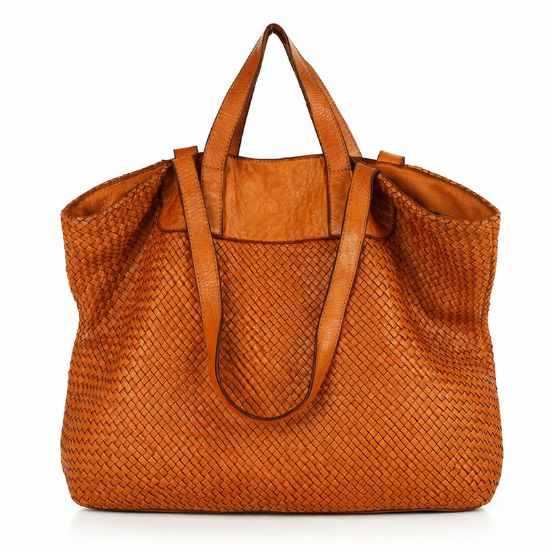 Torba damska pleciona shopper & shoulder leather bag - MAZZINI brąz karmel