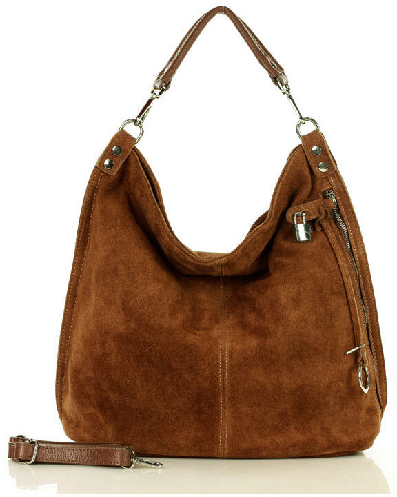 Torebka skórzana ponadczasowy design worek na ramię XL hobo leather bag - MARCO MAZZINI nubuk brąz migdałowy