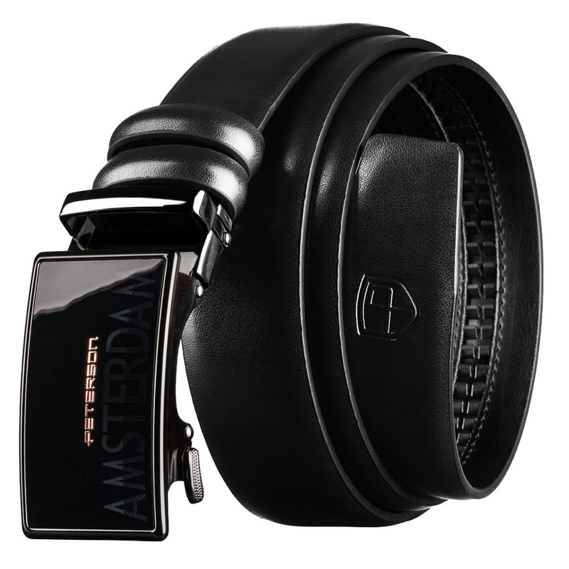 Czarny, elegancki pasek męski ze skóry naturalnej z automatyczną klamrą - Peterson