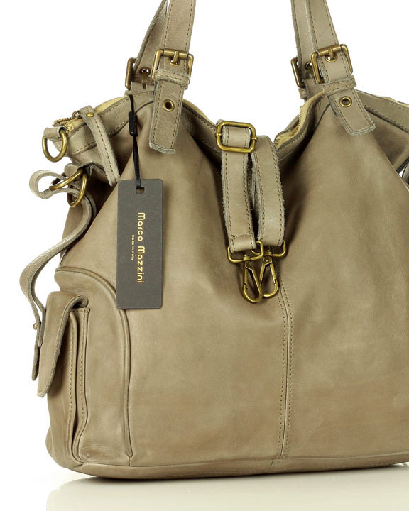 MARCO MAZZINI Miejska torba skórzana z regulowaną rączką old leather handmade beż cappucino