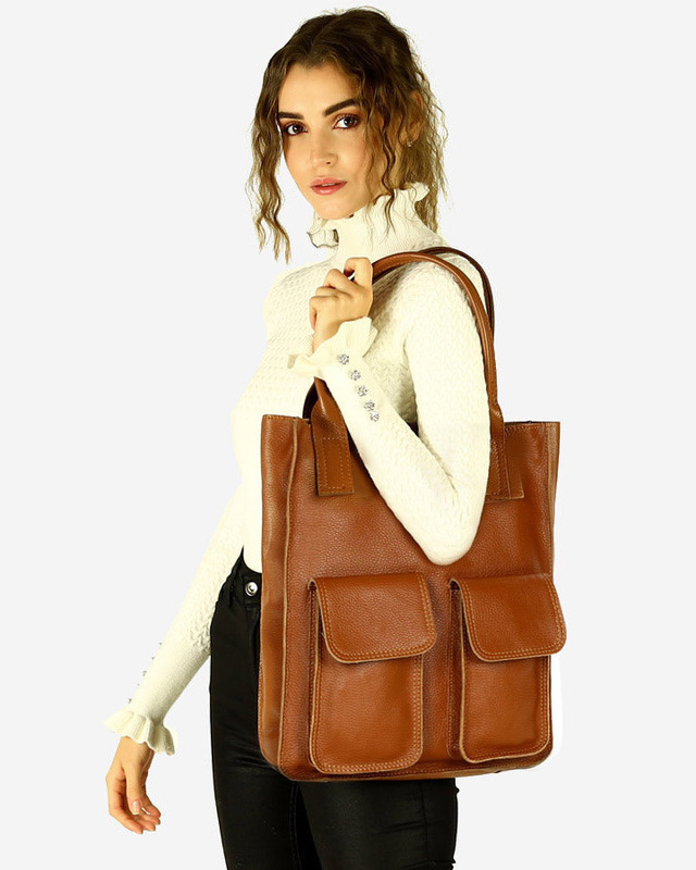 Torebka skórzany shopper bag z kieszeniami - MARCO MAZZINI brąz karmel