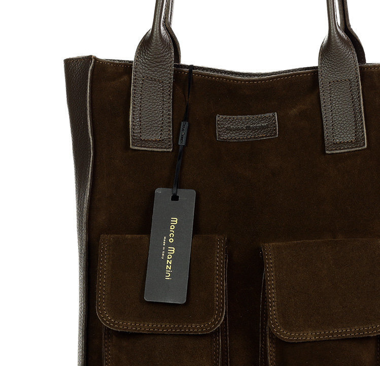 Torebka zamszowa shopper bag z kieszeniami skóra naturalna - MARCO MAZZINI ciemny brąz