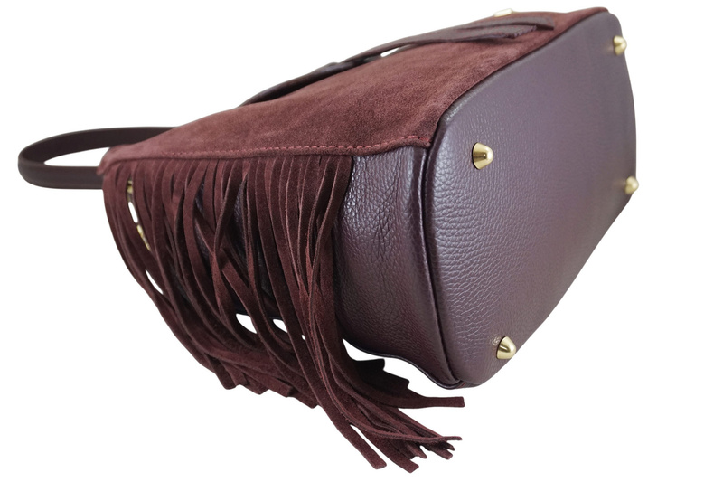 Skórzana torebka boho z frędzlami - Bordowa