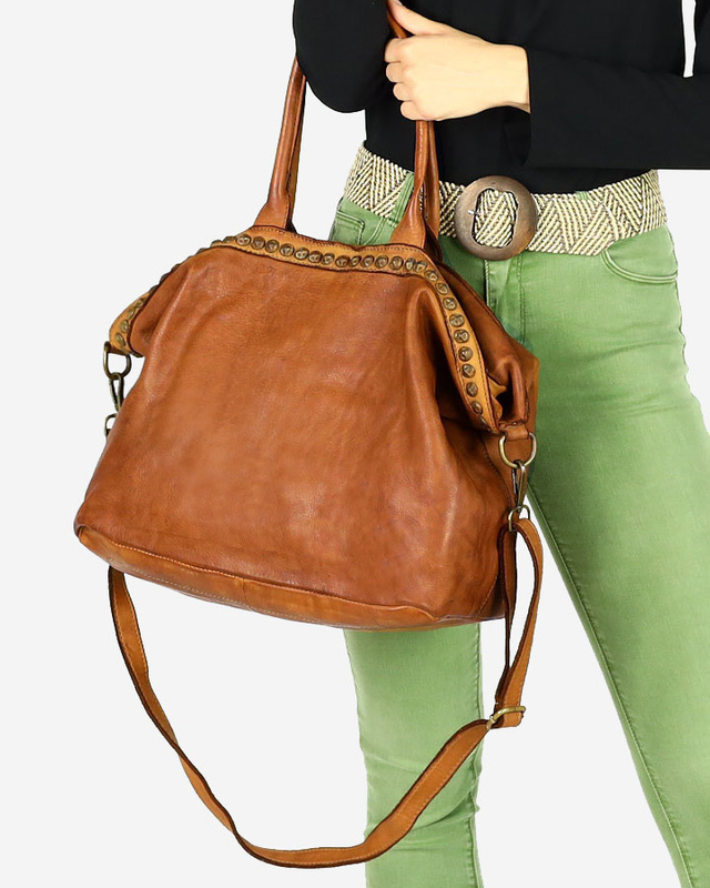 Duża torebka skórzana oversize style shopper bag - MARCO MAZZINI brąz camel