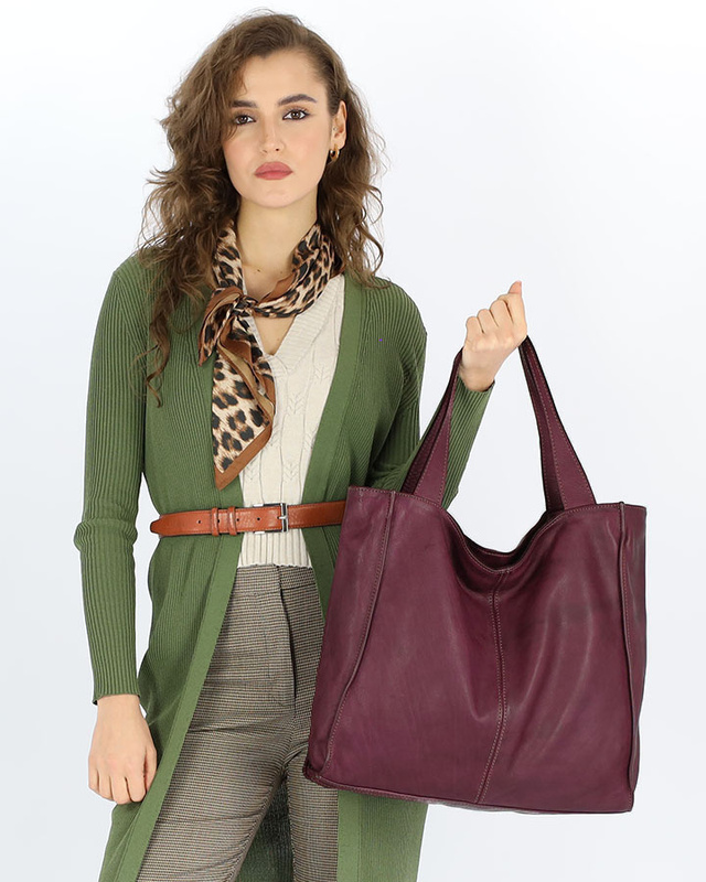 Torebka miejska shopper bag skóra naturalna handmade MARCO MAZZINI bordowa