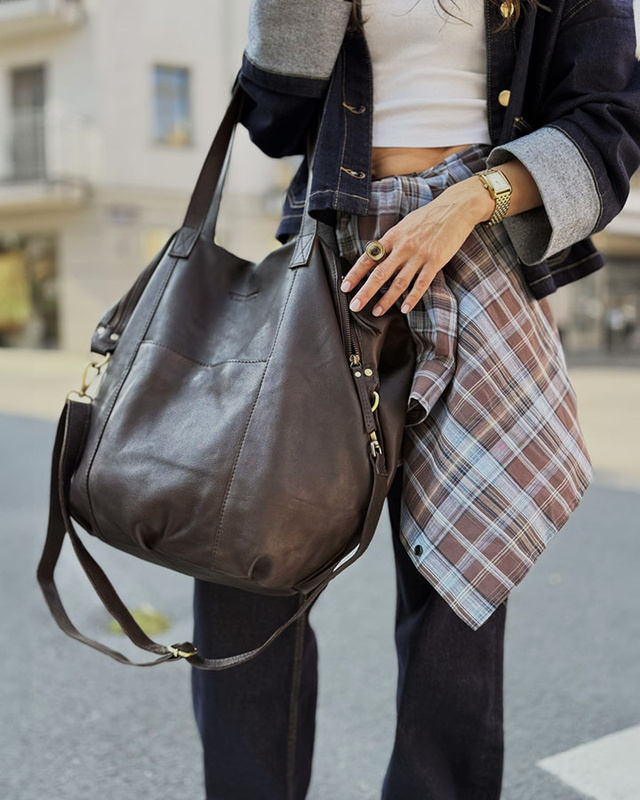 Torba damska skórzana shopper z kieszeniami - It bag MARCO MAZZINI smooth brąz caffe