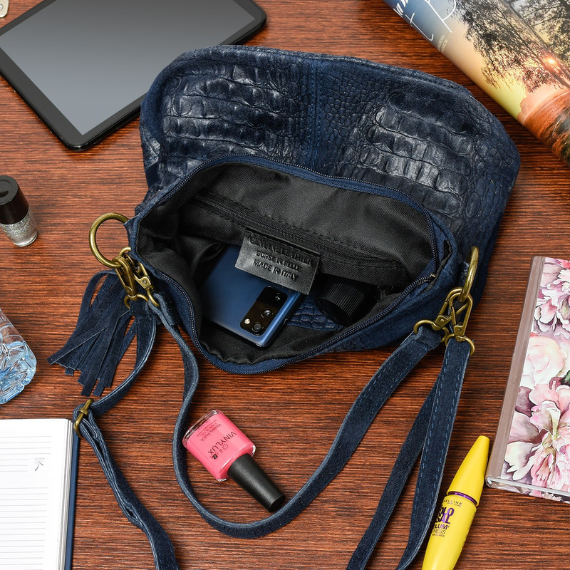 Torebka skórzana zamszowa CROCO listonoszka 2 paski granatowa Beltimore W13