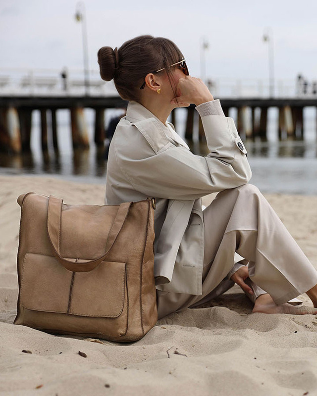 Torebka damska shopper A4 skóra naturalna - MARCO MAZZINI beżowy taupe