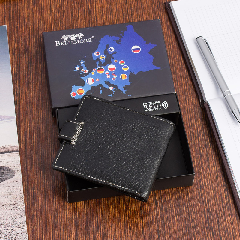 Portfel męski skórzany mały cienki slim Beltimore czarny RFiD P88