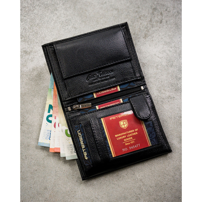 Zestaw prezentowy: skórzany, pionowy portfel męski w czarnym kolorze z systemem RFID i pasek ze skóry ekologicznej - Peterson