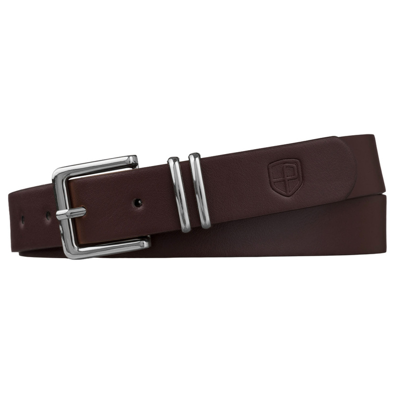 Ciemnobrązowy, wąski pasek damski ze skóry ekologicznej ze srebrną klamrą - Peterson