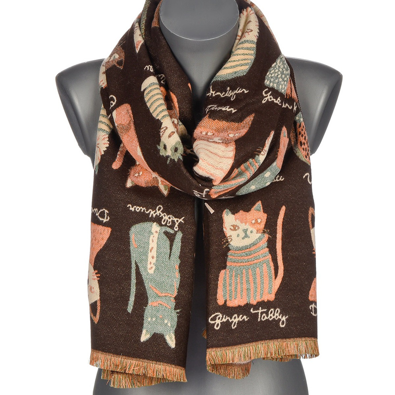 Brązowy Duży Szalik Damski bawełniany ciepły dwustronny koty AX-128