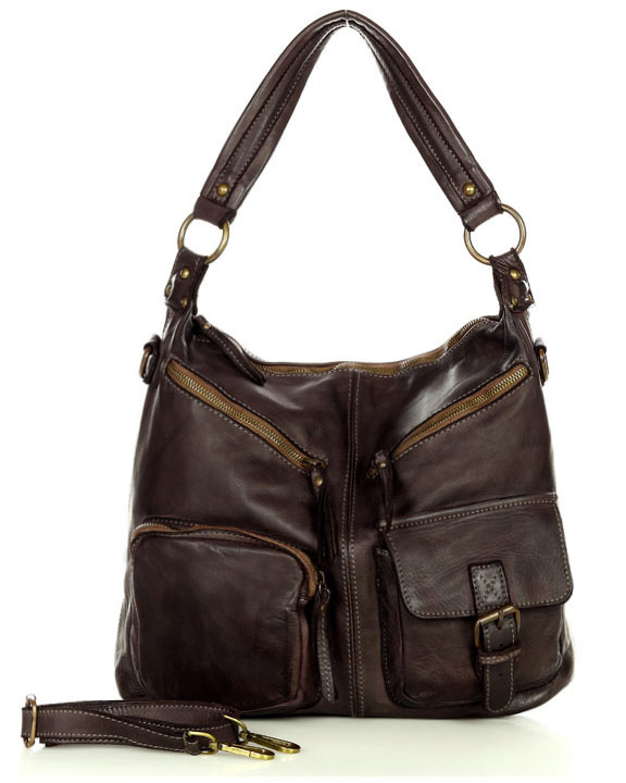 Torebka skórzana na ramię pockets old pelle lavata - MARCO MAZZINI ciemny brąz