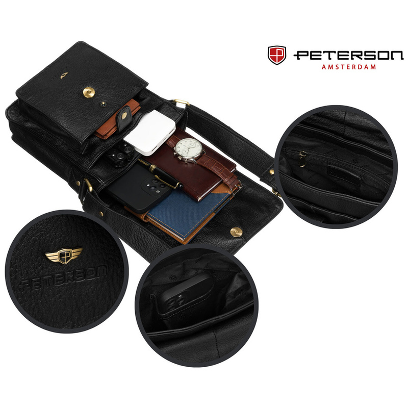 Skórzana, czarna listonoszka męska z klapką, zawieszona na regulowanym pasku - Peterson