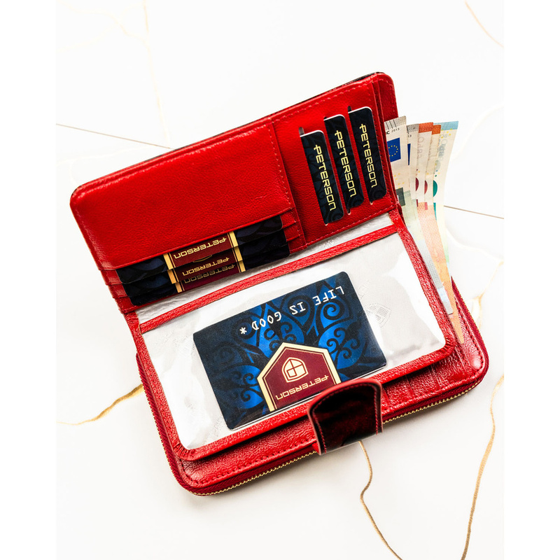 Pionowy, lakierowany portfel damski ze skóry naturalnej i ekologicznej w czerwonym kolorze - Peterson