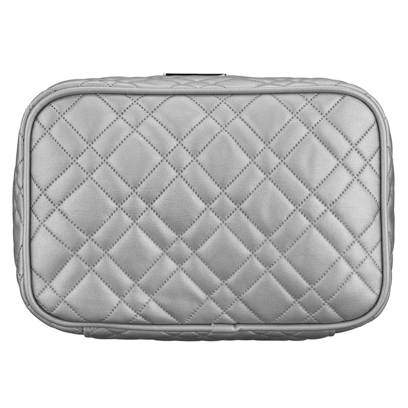 Pikowana kosmetyczka z tkaniny syntetycznej w srebrnym kolorze zamykana suwakiem - Peterson