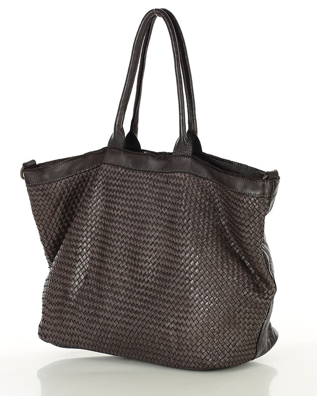 Duża torba shopper z plecionej skóry naturalnej - MARCO MAZZINI ciemnobrązowa caffe