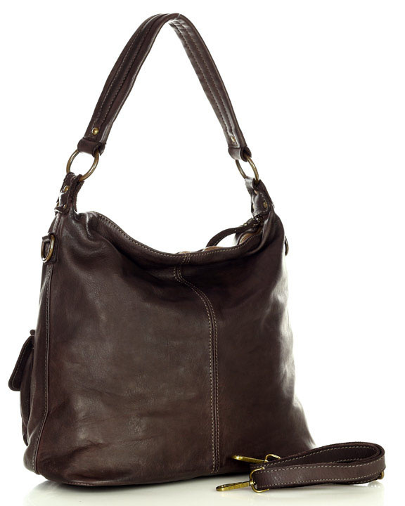 Torebka skórzana na ramię pockets old pelle lavata - MARCO MAZZINI ciemny brąz