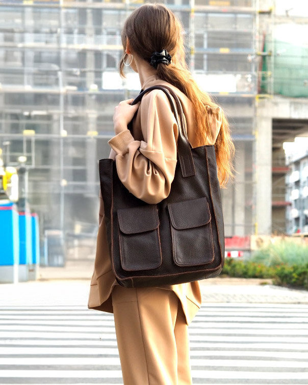 Torebka skórzany shopper bag z kieszeniami - MARCO MAZZINI Ravenna ciemny brąz caffe