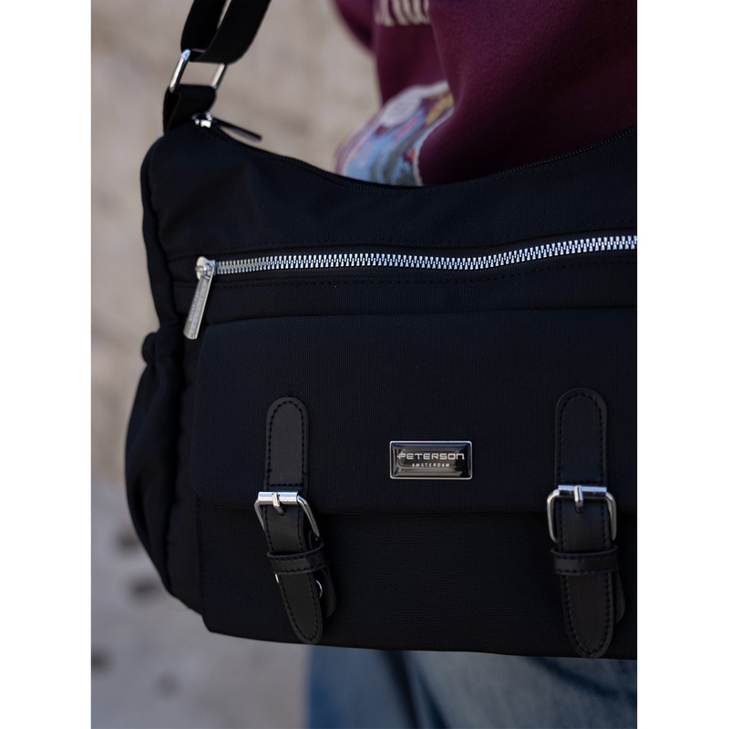 Stylowa, materiałowa torebka damska z zewnętrzną kieszenią - Peterson