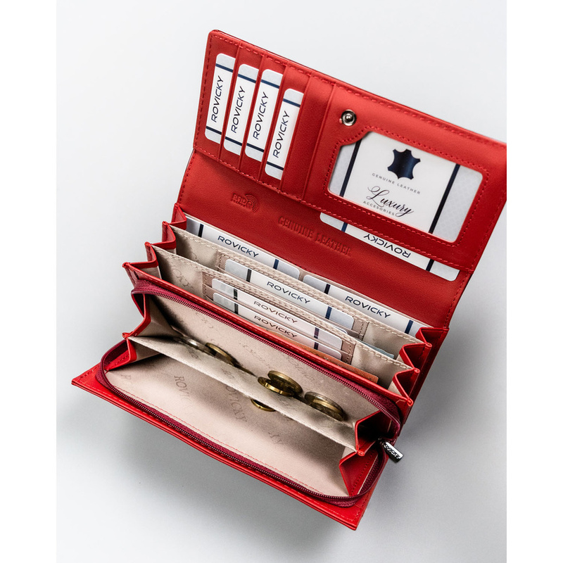 Duży, czerwony portfel damski ze skóry naturalnej i ekologicznej - Rovicky