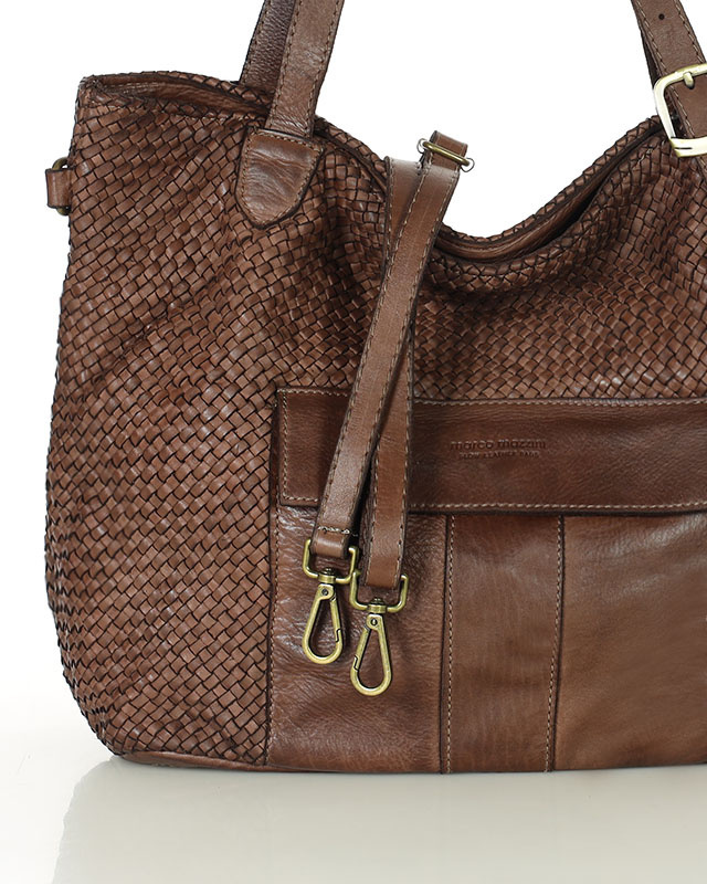 Duża torebka pleciona na ramię shopperka skórzana - MARCO MAZZINI brąz