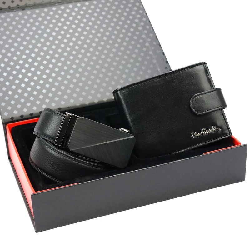 Pierre Cardin zestaw męski skórzany rozbudowany portfel i pasek do spodni