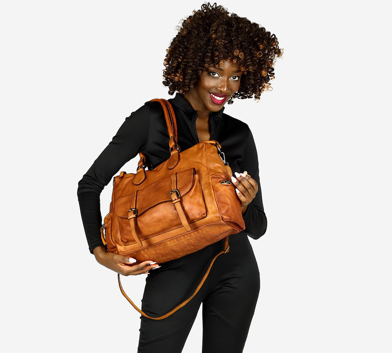 Pojemna torba damska na ramię z kieszeniami skóra naturalna - MARCO MAZZINI brąz camel