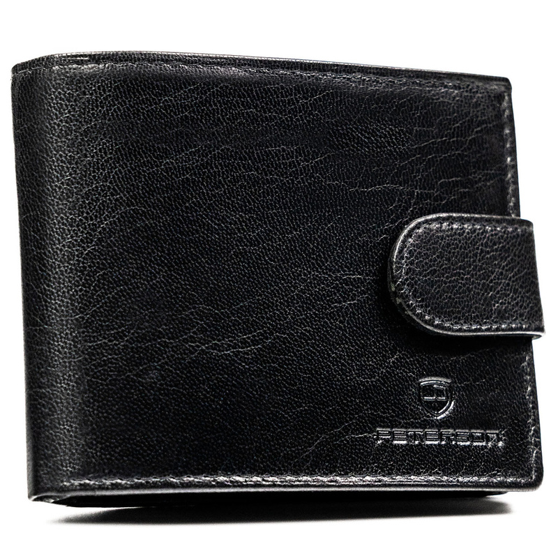 Poziomy portfel męski ze skóry naturalnej w czarnym kolorze w zestawie z brelokiem - Peterson