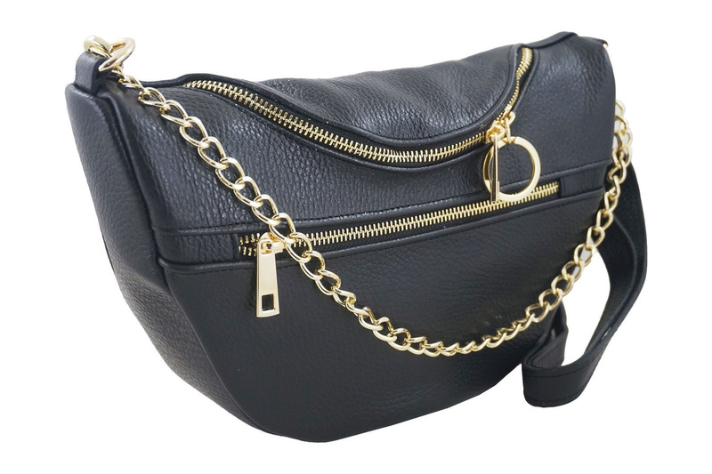 Pojemna torebka nerka z łańcuszkiem skórzana - Czarna