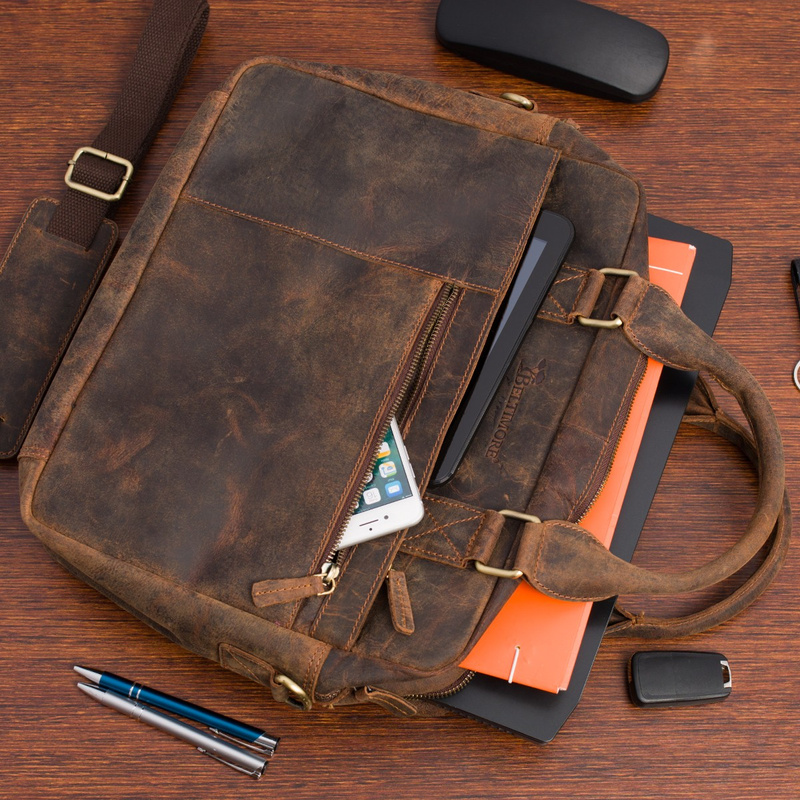 Duża solidna skórzana torba Beltimore na laptopa dokumenty brązowa nubuk M88