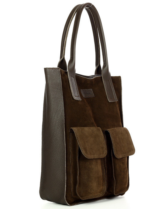 Torebka zamszowa shopper bag z kieszeniami skóra naturalna - MARCO MAZZINI ciemny brąz