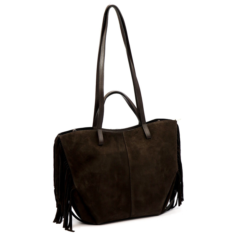 Vera Pelle damska torebka na ramię skórzana z frędzlami boho shopperbag